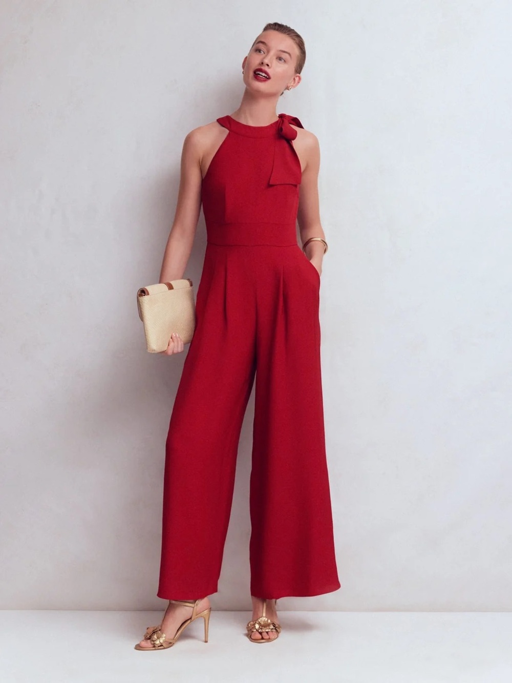 Boden Tie Halter Neck Jumpsuit - Rich Chestnut